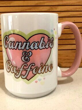 Cannabis & Caffeine Stoner Hippie Mug Weed Spliff Tea Cup Pink Green Girlfriend